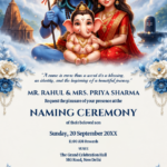 Cradle ceremony digital invitation featuring Lord Shiva Parvati artwork and blue flowers