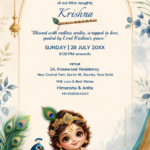 Krishna birthday digital invitation featuring Bal Krishna illustration with butter pot and peacock feather