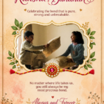 Happy Raksha Bandhan wishes e-card featuring an ornate gold photo frame, jeweled rakhi, and brass pooja thali