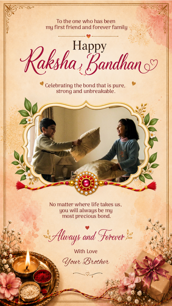 Happy Raksha Bandhan wishes e-card featuring an ornate gold photo frame, jeweled rakhi, and brass pooja thali