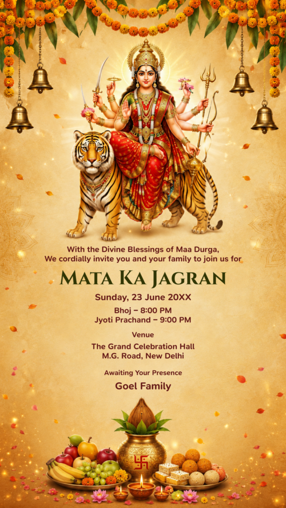 Mata Ka Jagran digital invitation featuring Maa Durga on tiger with sacred kalash and marigold garlands.