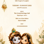 Janmashtami digital invitation featuring cute Radha Krishna sitting with makhan handi and hanging floral matki