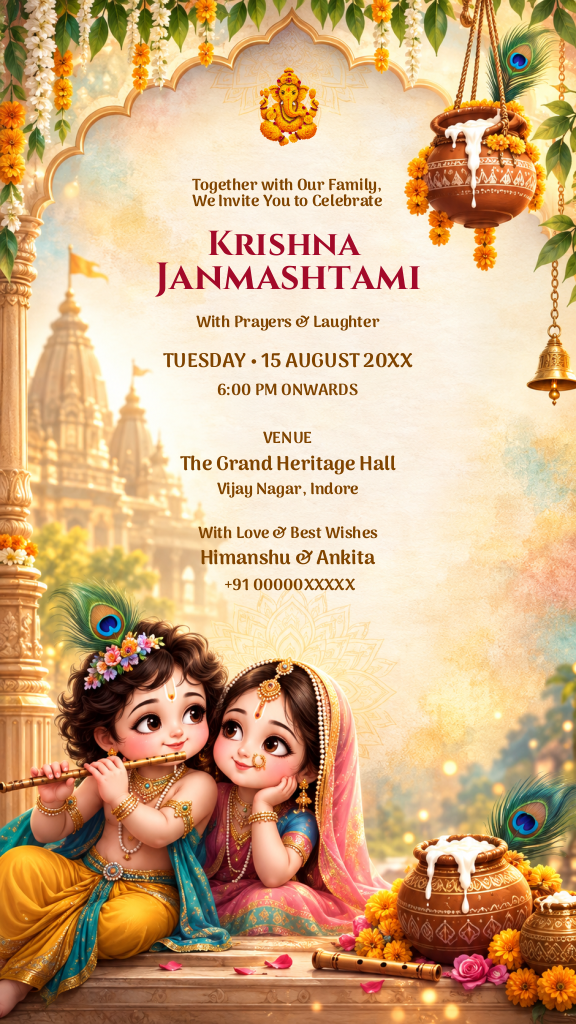 Krishna Janmashtami digital invitation featuring Radha Krishna artwork and dahi handi matki