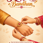 Raksha Bandhan e-card featuring hands tying a golden ornate Rakhi on wrist with custom company details