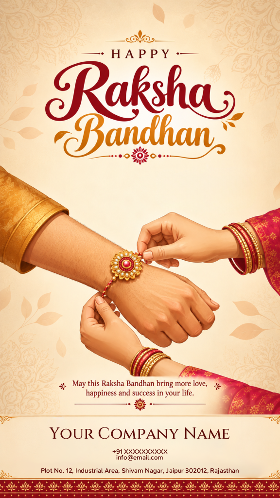 Raksha Bandhan e-card featuring hands tying a golden ornate Rakhi on wrist with custom company details