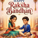 Raksha Bandhan ecard artwork showing a sister tying a rakhi on her brother's wrist beside a glowing pooja thali