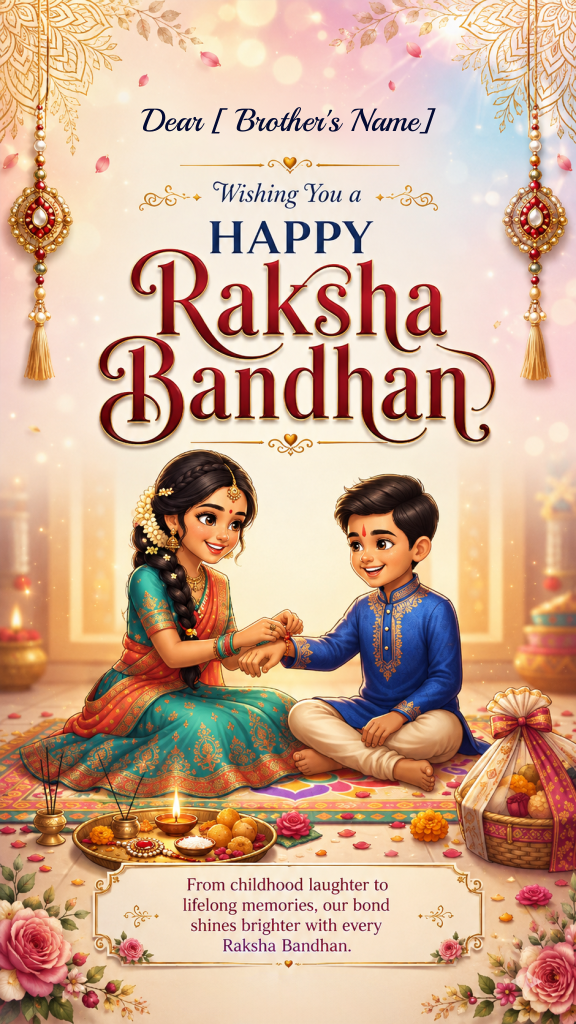 Raksha Bandhan ecard artwork showing a sister tying a rakhi on her brother's wrist beside a glowing pooja thali