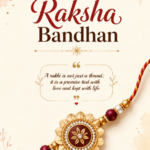 Raksha Bandhan greeting e-card featuring a golden floral rakhi with burgundy beads and company logo placeholder