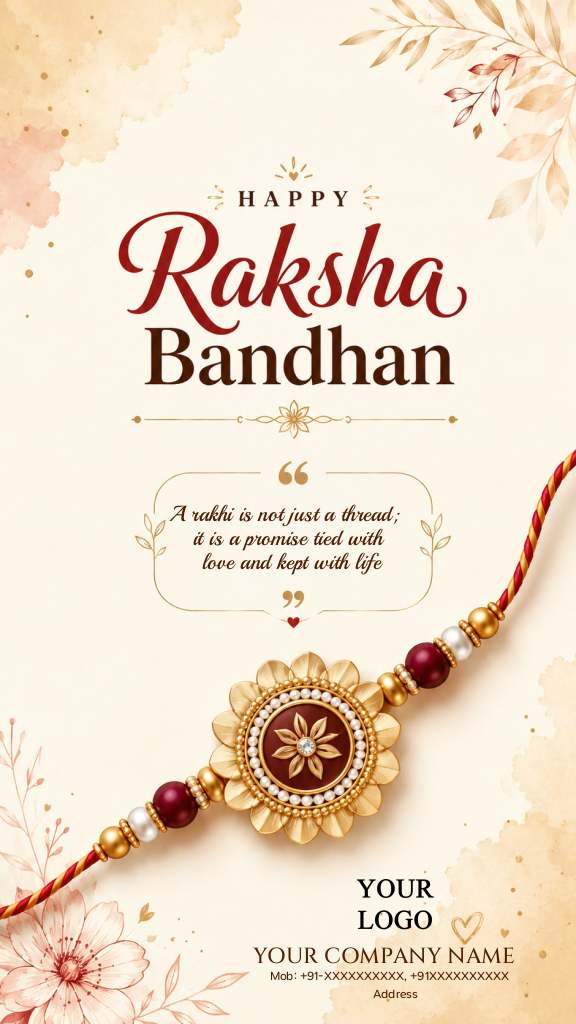 Raksha Bandhan greeting e-card featuring a golden floral rakhi with burgundy beads and company logo placeholder