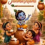 Janmashtami e-card featuring cartoon Little Krishna on butter pot with company name template