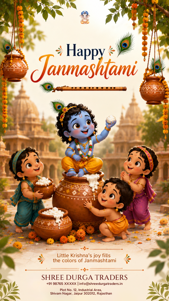 Janmashtami e-card featuring cartoon Little Krishna on butter pot with company name template