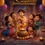 Krishna Janmashtami e-card featuring 3D animated Krishna playing flute and company name placeholder