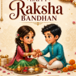 Raksha Bandhan e-card with animated brother and sister tying rakhi and puja thali
