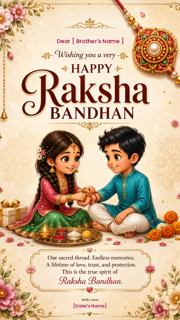 Raksha Bandhan e-card with animated brother and sister tying rakhi and puja thali