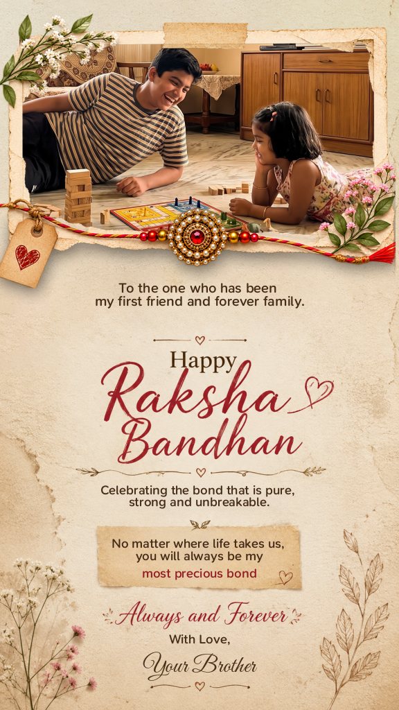 Personalized Raksha Bandhan e-card template with photo frame and red jeweled Rakhi accent