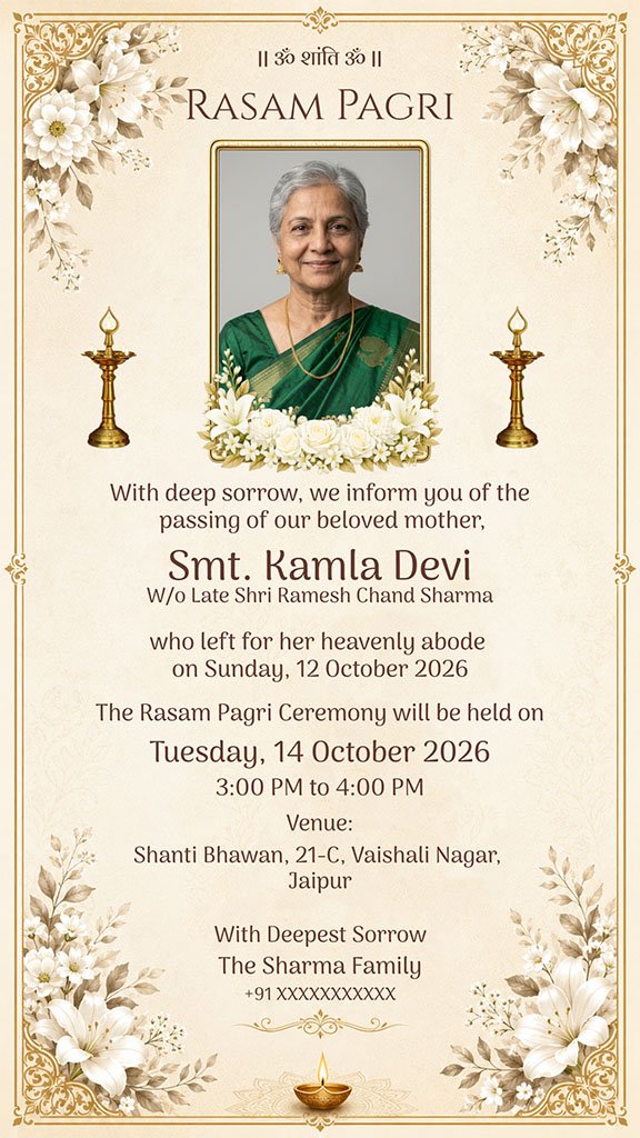 Rasam Pagri digital invitation featuring white roses, gold frame, and lit diyas