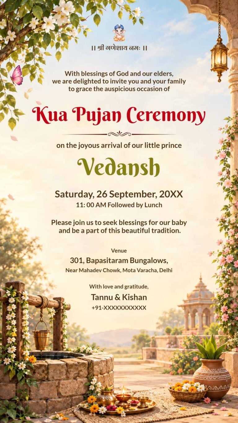 Kuan Pujan digital invitation with traditional stone well and marigold garlands