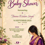 Baby shower digital invitation featuring a mother in a purple saree, floral arch, and gold hanging lanterns