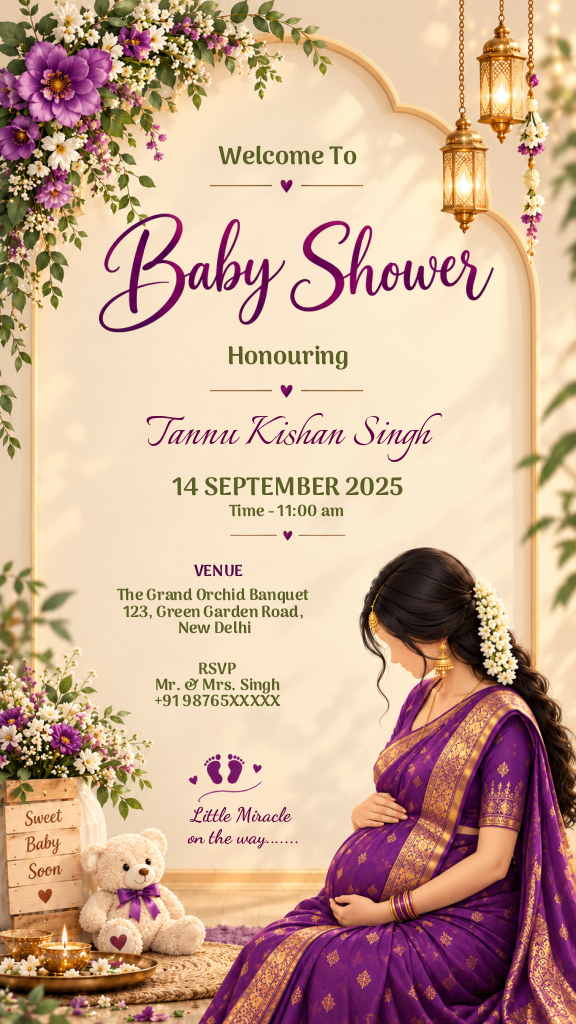Baby shower digital invitation featuring a mother in a purple saree, floral arch, and gold hanging lanterns