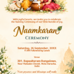 Little Krishna themed digital naamkaran invitation card with butter pot and peacock feathers