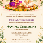 Naming ceremony digital invitation featuring illustrated havan pit, parents with baby, and pink lotus kalash