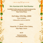 Traditional Griha Pravesh invitation card featuring marigold toran, hanging bells, Lord Ganesha symbol, and a sacred brass kalash at the base.
