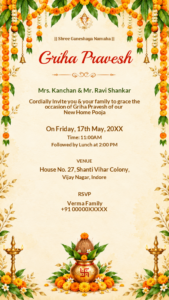 Traditional Griha Pravesh Invitation Card with Marigold & Kalash