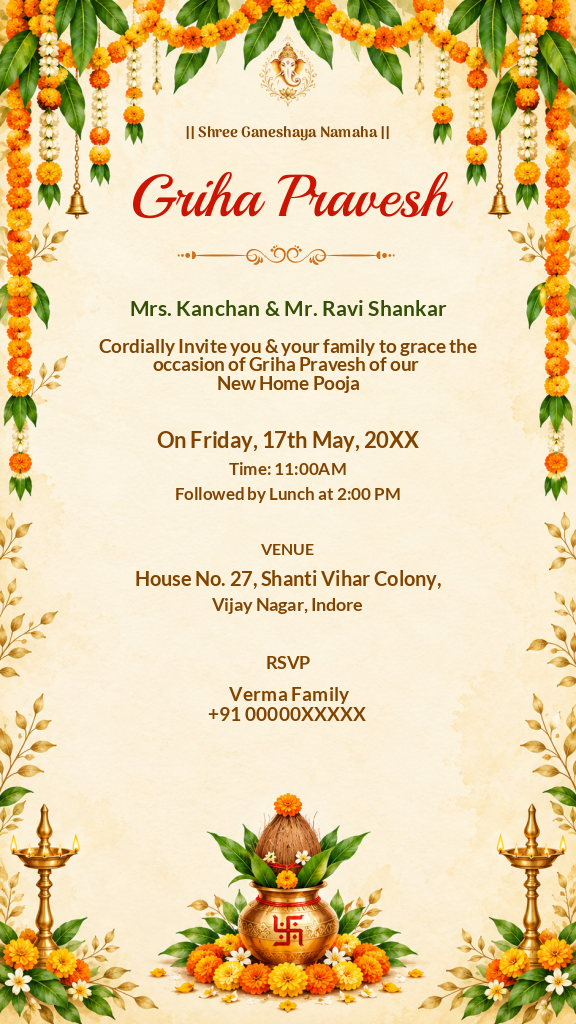 Traditional Griha Pravesh invitation card featuring marigold toran, hanging bells, Lord Ganesha symbol, and a sacred brass kalash at the base.
