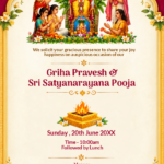 Griha Pravesh and Satyanarayan Pooja invitation digital card with Lord Satyanarayan artwork, hanging bells, and a sacred havan kund.