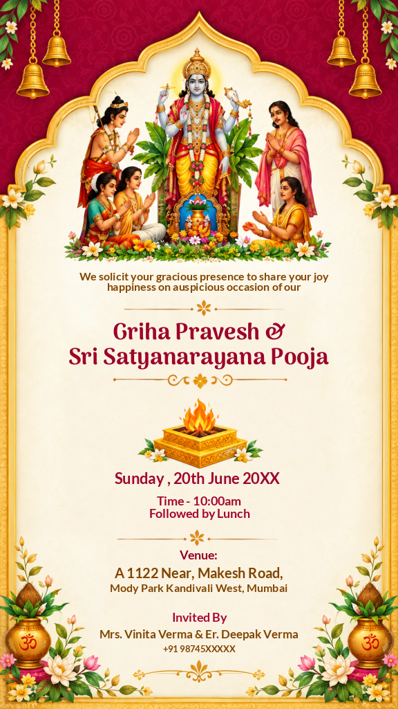 Griha Pravesh and Satyanarayan Pooja invitation digital card with Lord Satyanarayan artwork, hanging bells, and a sacred havan kund.